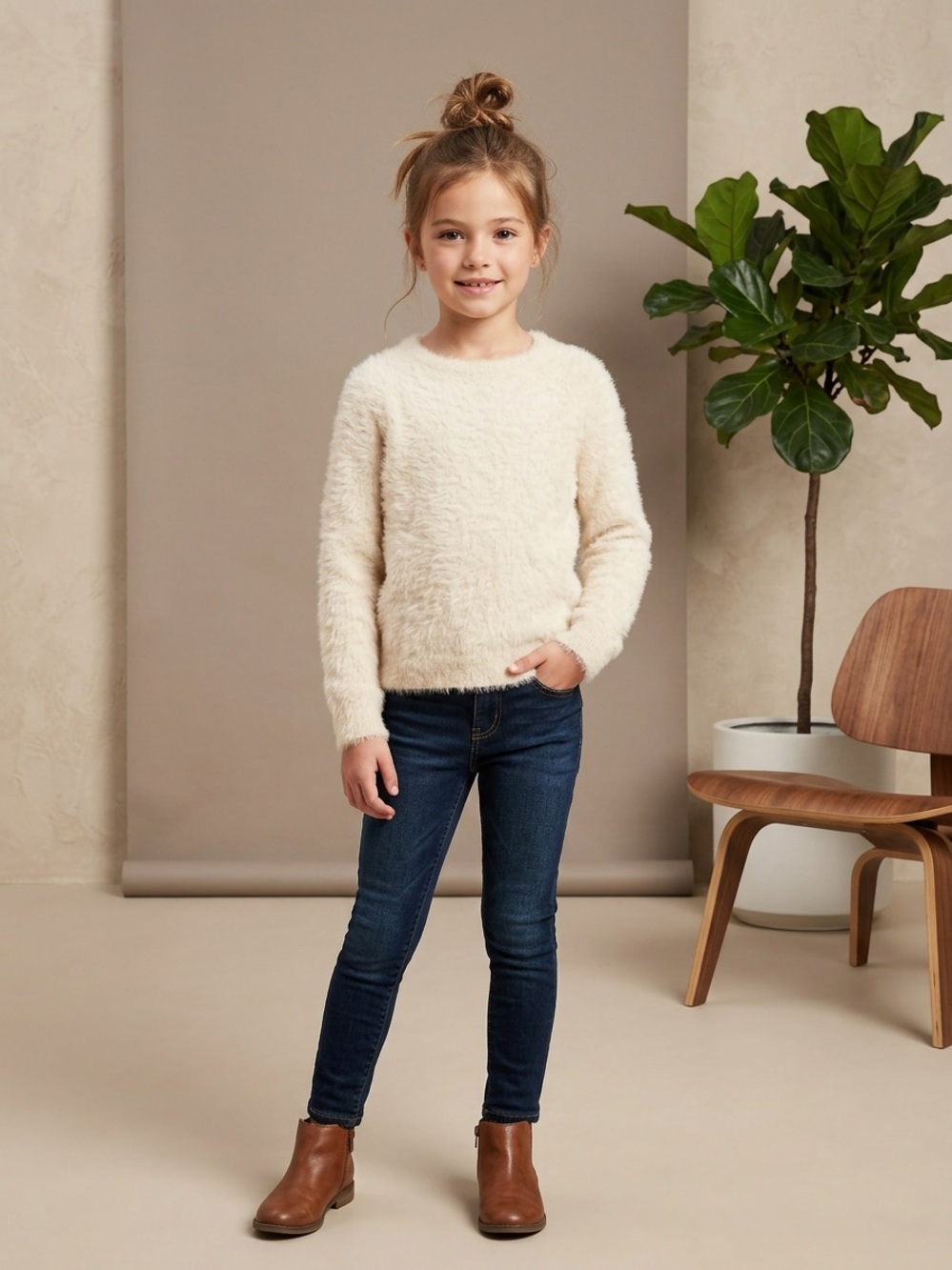 Old Navy Cream Fuzzy Knit Crewneck Sweater